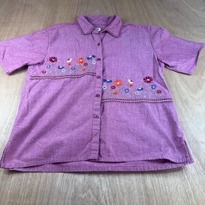 Women’s Embroidered Floral Button Up Shirt Pink Short Sleeve Cottagecore M